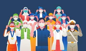 Various characters, nationalities and professions, man and woman gathered wearing masks caring for the pandemic vector