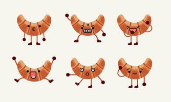 collection of cute croissant character mascot illustration with different pose and facial expression vector
