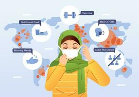 hijab women wearing mask to avoid virus spreading and world illustration as background vector illustration