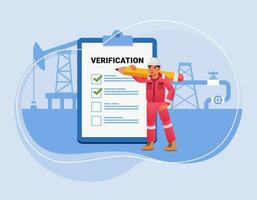 Oil miner worker man with giant pencil near marked checklist on clipboard Successful completion of tasks Flat vector illustration