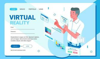 Isometric flat style businessman and entrepreneur set strategy with digital floating graphic and chart web landing page GUI UI vector