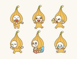 collection character of people wearing cute onion costume as emoticon with different activities and facial expression vector