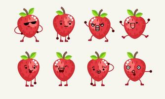 collection of cute strawberry character mascot illustration with different pose and facial expression vector