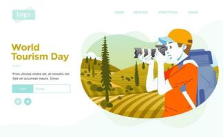 world tourism day landing page illustration, with young man tourist taking picture of beautiful landscape with digital camera vector