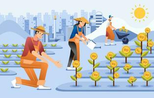 people investing money illustrated by people planting and harvesting money vector