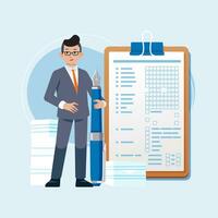 Positive business man with giant pen near marked agreement on clipboard paper Successful completion of business document Flat vector illustration