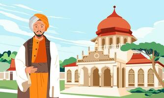 Man in ancient middle eastern arabic clothes. with the background of the grand mosque building vector