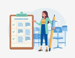 Business woman with giant pen near marked checklist on clipboard paper Successful completion of business tasks office Flat vector illustration