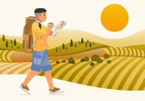 joven hombre turista personaje trayendo mochila y mapa caminando a lo largo el verde campo y disfrutando el paisaje con puesta de sol ver vector