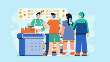 Queue of people in the modern coffee shop takeaway Lunch break barista man welcomes the guests of the cafe flat vector illustration