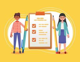 Girl boy student with giant pencil near pencil marked checklist on clipboard paper Successful completion study tasks Flat vector illustration