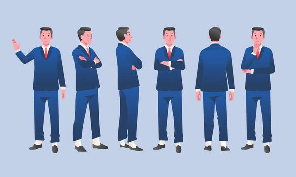 Flat design concept of Businessman with different poses gestures. Vector cartoon character design set.