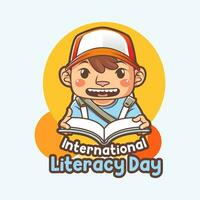 internacional literatura día bandera o póster con ilustración de pequeño chico leyendo libro vector