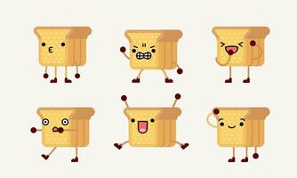 collection of cute bread character mascot illustration with different pose and facial expression vector