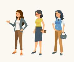 set of isometric vector illustration of young women in casual office clothes