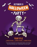 Halloween party invitation card or greeting card with dancing skull illustration and creepy background vector