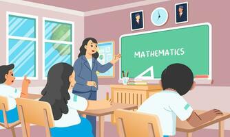 Female teacher starting math class in front first grade elementary school classes vector