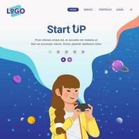 social media post image for modern start up business company, young women playing game with her phone, outer space as background vector