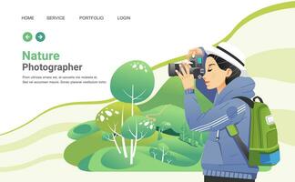 paisaje profesional fotógrafo, joven mujer tomando foto de hermosa paisaje en naturaleza bandera vector ilustración