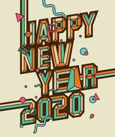 Listo a impresión nuevo año saludo tarjeta 2020, moderno retro letras feliz nuevo año vector ilustración