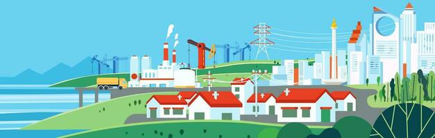 Landscape Various energy industries gas, oil rig, electric alternative factory transmit distribution electricity supply to power the city, settlement and housing area vector