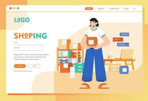 mujer Internet en línea Tienda dropship producto desde hogar web página diseño modelo para sitio web y móvil sitio web desarrollo, SEO, móvil aplicación, negocio vector