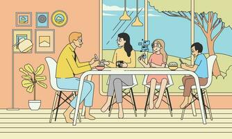 un familia teniendo desayuno juntos a el comida mesa con grande ventana demostración un patio con arboles y colinas con claro cielo vector ilustración