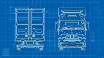 Delivery truck in outline style schematic blueprints Vehicle front back view Industrial image on a blue background Vector illustration