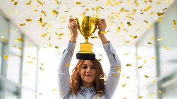 mano de mujer de negocios subir y participación un dorado trofeo. ai generado foto