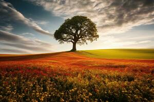 un enorme árbol con Fresco verde hojas en un prado y floreciente flores campo con blanco nubes en azul cielo. foto