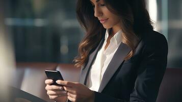 mujer de negocios en formal atuendo. ella es contento y alegre mientras utilizando teléfonos inteligentes y laboral. joven mujer de negocios utilizando aplicaciones en célula Los telefonos, leyendo noticias, rápido conexión. ai generado foto