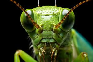 Closeup of green grasshopper head isolated on black background. Wildlife animals. photo