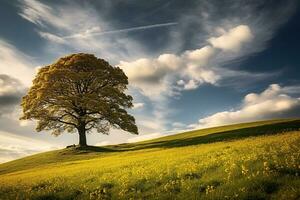 un enorme árbol con Fresco verde hojas en un prado y floreciente flores campo con blanco nubes en azul cielo. foto