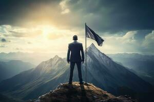 Business success and goal concept with a silhouette of a successful businessman standing with a large flag on top of a mountain in the morning sunlight, featuring his success. AI Generated photo