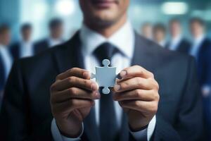 Successful teamwork and partnership concept with Hands holding pieces of white jigsaw puzzle. Business people with jigsaw puzzle pieces in office. AI Generated photo