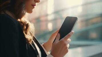 mujer de negocios en formal atuendo. ella es contento y alegre mientras utilizando teléfonos inteligentes y laboral. joven mujer de negocios utilizando aplicaciones en célula Los telefonos, leyendo noticias, rápido conexión. ai generado foto