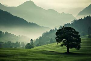 Mountain forest in fog and clouds. Aerial view of over green hills with white fog, clouds and tree. photo