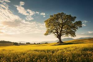 un enorme árbol con Fresco verde hojas en un prado y floreciente flores campo con blanco nubes en azul cielo. foto