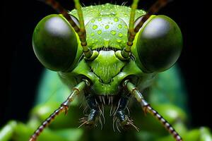 Closeup of green grasshopper head isolated on black background. Wildlife animals. photo