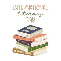 A stack of different books with bookmarks. International literacy day greeting card. Decoration for celebration of Book lovers day. Color flat cartoon vector illustration isolated on white background.