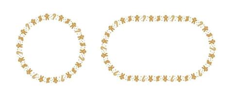 Round Gingerbread Cookies Frame Border Set, Christmas Winter Holiday Graphics. Homemade sweets pattern, card and social media post template on white background. Isolated vector illustration.