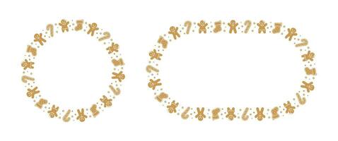 Round Gingerbread Cookies Frame Border Set, Christmas Winter Holiday Graphics. Homemade sweets pattern, card and social media post template on white background. Isolated vector illustration.