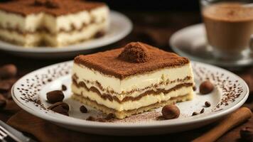 A slice of tiramisu plated beautifully on a dessert dish background AI Generative photo