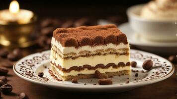 A slice of tiramisu plated beautifully on a dessert dish background AI Generative photo