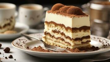 A slice of tiramisu plated beautifully on a dessert dish background AI Generative photo