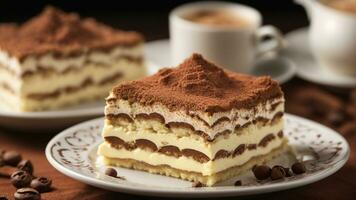 A slice of tiramisu plated beautifully on a dessert dish background AI Generative photo