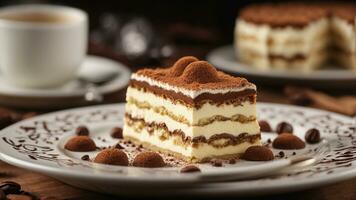 A slice of tiramisu plated beautifully on a dessert dish background AI Generative photo