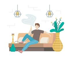 Cartoon Color Character Person Male Smoking in Hookah Bar Concept. Vector