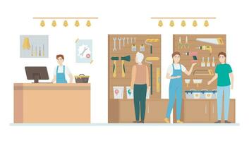 Cartoon Color Characters People Customers and Tools Store Concept. Vector