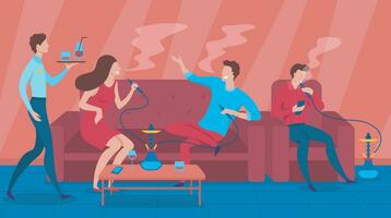 Cartoon Color Characters People and Hookah Bar Concept. Vector